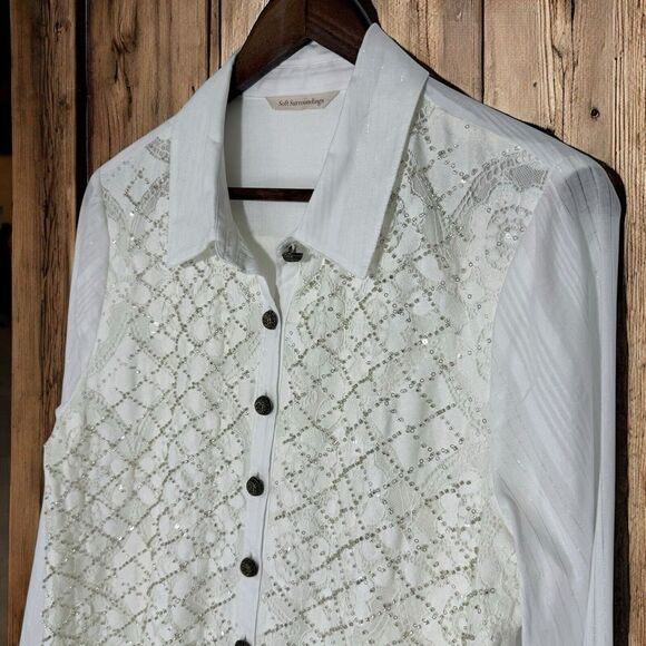 NWOT Soft Surroundings Shirt M Sequins Lace Sparkle Blouse Tunic Top Button Down - Picture 4 of 8